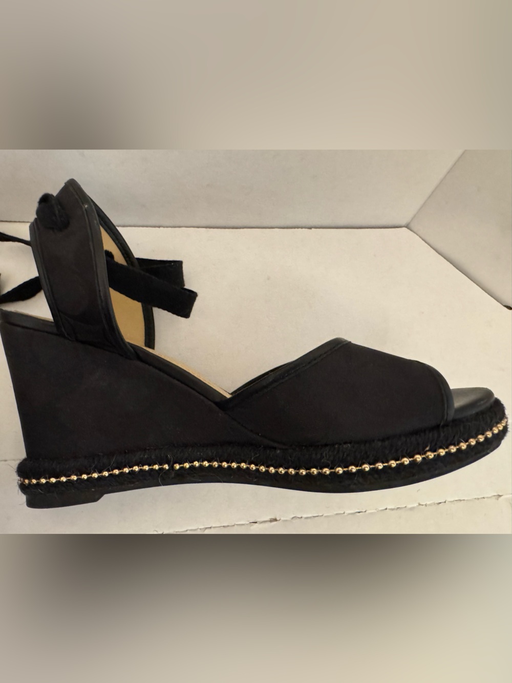 Coach Black Wedge Sandals with Ankle Wraps and Stud Trim (WORN ONCE) - Picture 4 of 9
